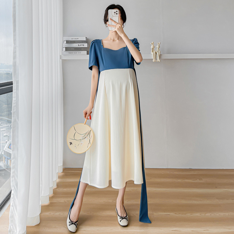 2024. aasta Hiina stiilis vintage raseda naise šifoonist kleit + vöö lühikeste varrukatega ruudukujuline krae rasedatele mõeldud šifoonist plokkide värvi kleidid