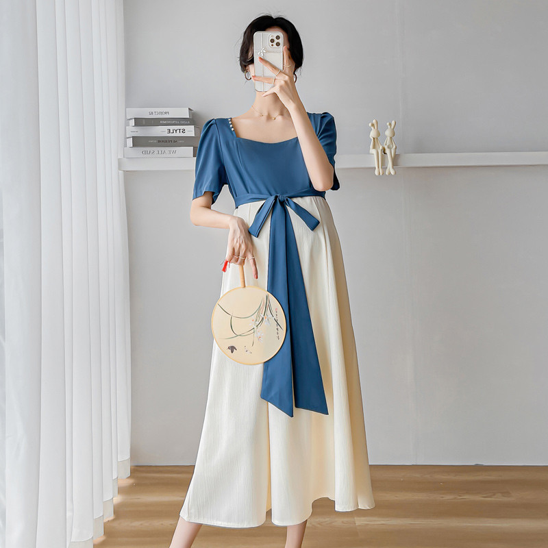 2024. aasta Hiina stiilis vintage raseda naise šifoonist kleit + vöö lühikeste varrukatega ruudukujuline krae rasedatele mõeldud šifoonist plokkide värvi kleidid