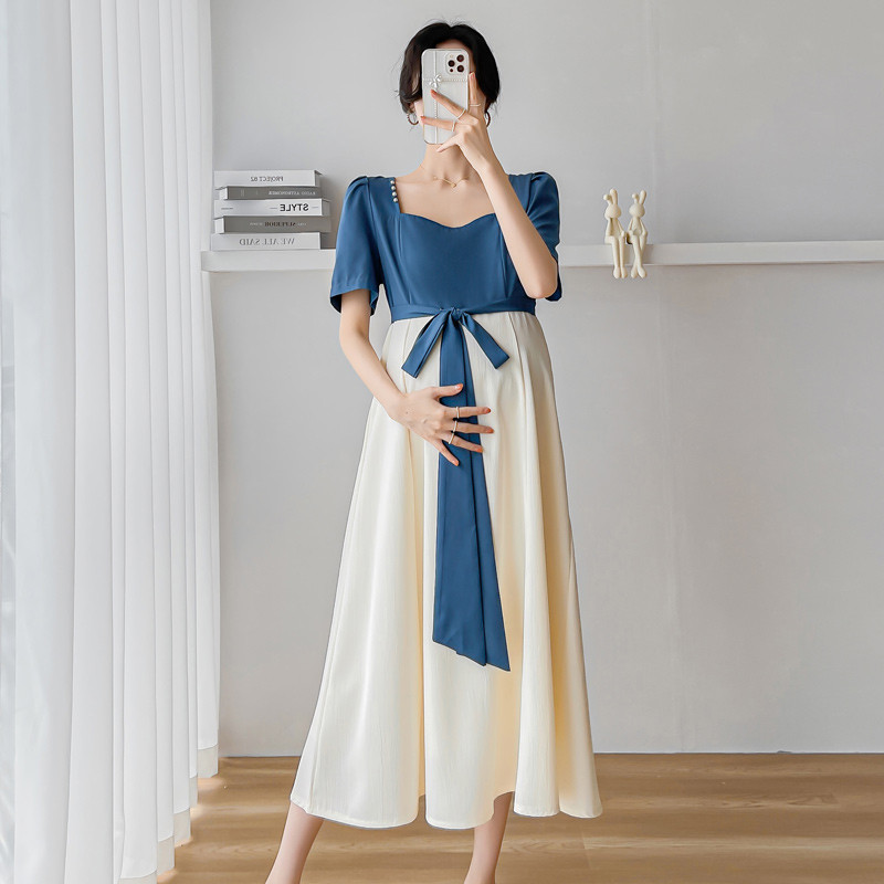 2024. aasta Hiina stiilis vintage raseda naise šifoonist kleit + vöö lühikeste varrukatega ruudukujuline krae rasedatele mõeldud šifoonist plokkide värvi kleidid