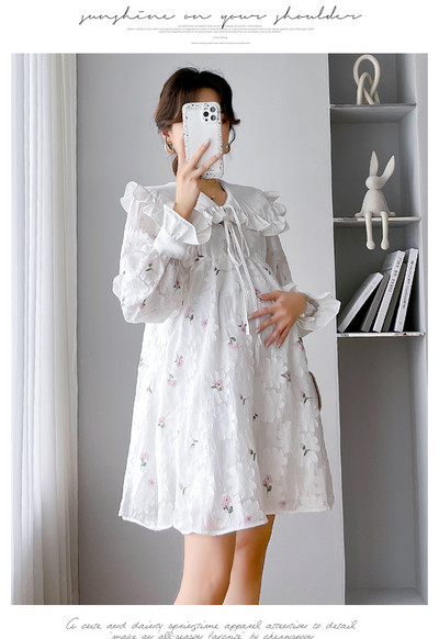 Rochie Dobby de toamnă de maternitate 2024, cu mâneci lungi, cu mâneci lungi, guler Peter Pan, modă pentru femei însărcinate, rochie florală în linie A