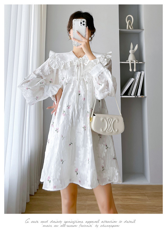 Rochie Dobby de toamnă de maternitate 2024, cu mâneci lungi, cu mâneci lungi, guler Peter Pan, modă pentru femei însărcinate, rochie florală în linie A