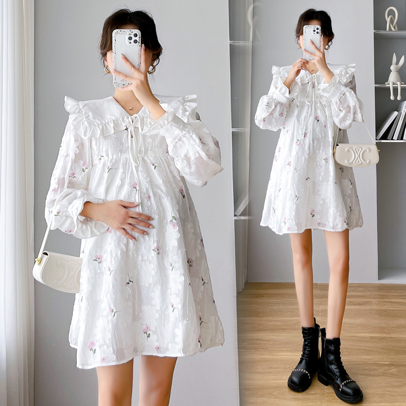 Rochie Dobby de toamnă de maternitate 2024, cu mâneci lungi, cu mâneci lungi, guler Peter Pan, modă pentru femei însărcinate, rochie florală în linie A