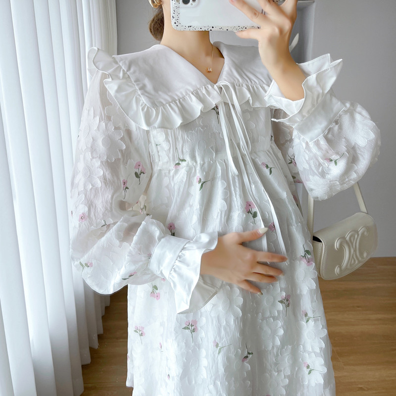 Rochie Dobby de toamnă de maternitate 2024, cu mâneci lungi, cu mâneci lungi, guler Peter Pan, modă pentru femei însărcinate, rochie florală în linie A