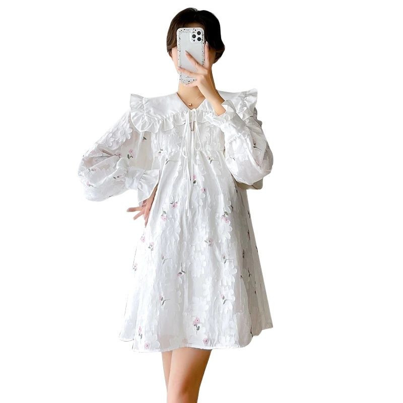 Rochie Dobby de toamnă de maternitate 2024, cu mâneci lungi, cu mâneci lungi, guler Peter Pan, modă pentru femei însărcinate, rochie florală în linie A