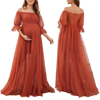 Terhes nő, elegáns maxi buliruha, váll nélkül, rövid ujjú tüll hivatalos ruha Esküvői születésnapi esti fotózás jelmez