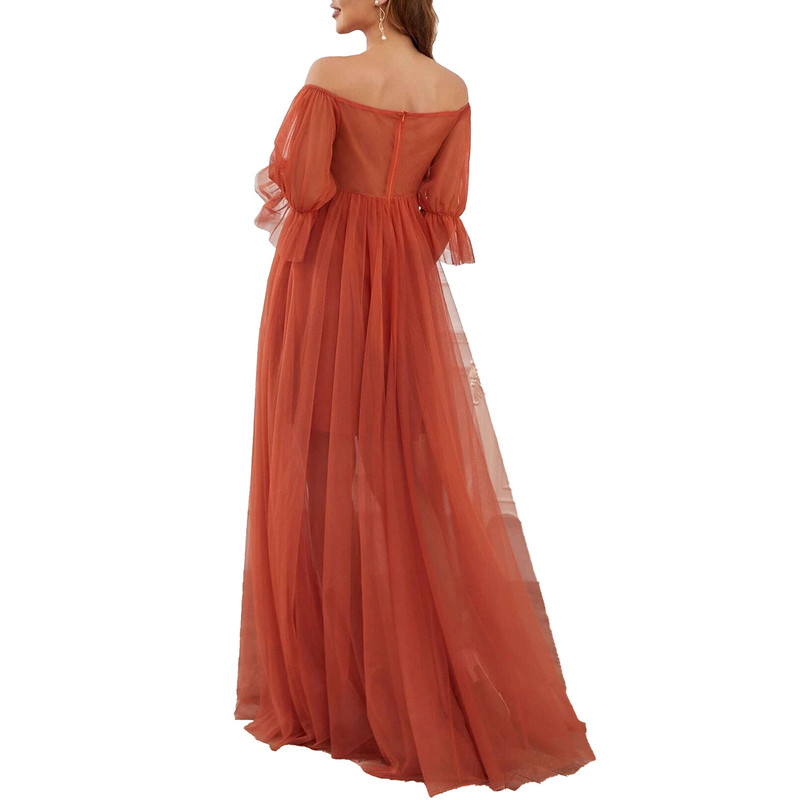 Terhes nő, elegáns maxi buliruha, váll nélkül, rövid ujjú tüll hivatalos ruha Esküvői születésnapi esti fotózás jelmez