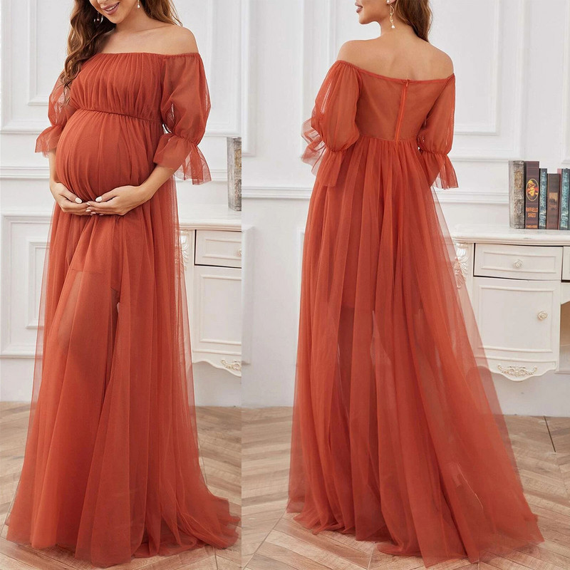 Terhes nő, elegáns maxi buliruha, váll nélkül, rövid ujjú tüll hivatalos ruha Esküvői születésnapi esti fotózás jelmez