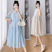 2024 nyári kismama ruha, felfújt ujjú, O-nyakú divatos virághímzés terhes nő hosszú ruha, nagy méretű terhesruhák