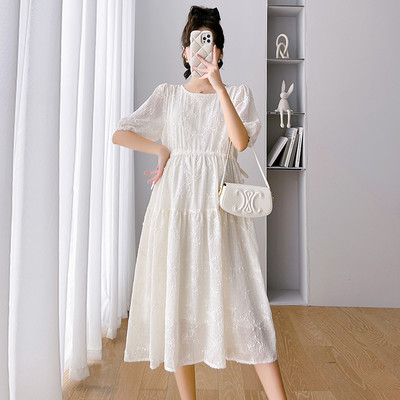 2024 nyári kismama ruha, felfújt ujjú, O-nyakú divatos virághímzés terhes nő hosszú ruha, nagy méretű terhesruhák