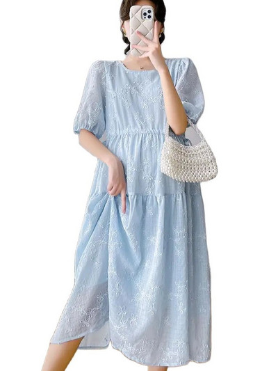 2024 nyári kismama ruha, felfújt ujjú, O-nyakú divatos virághímzés terhes nő hosszú ruha, nagy méretű terhesruhák