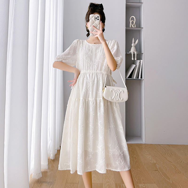 2024 nyári kismama ruha, felfújt ujjú, O-nyakú divatos virághímzés terhes nő hosszú ruha, nagy méretű terhesruhák