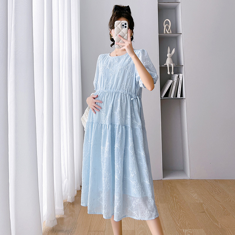 2024 nyári kismama ruha, felfújt ujjú, O-nyakú divatos virághímzés terhes nő hosszú ruha, nagy méretű terhesruhák