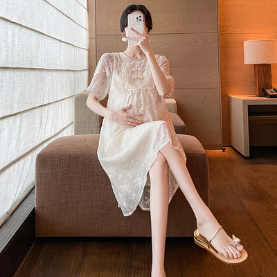 Jaapani stiilis rasedate pitskleit lühikeste varrukatega, pärlitega krae, armas raseda A-kujuline kleit, avar moodne raseduskleit