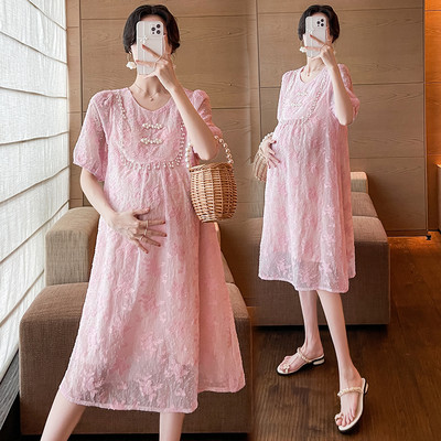 Jaapani stiilis rasedate pitskleit lühikeste varrukatega, pärlitega krae, armas raseda A-kujuline kleit, avar moodne raseduskleit