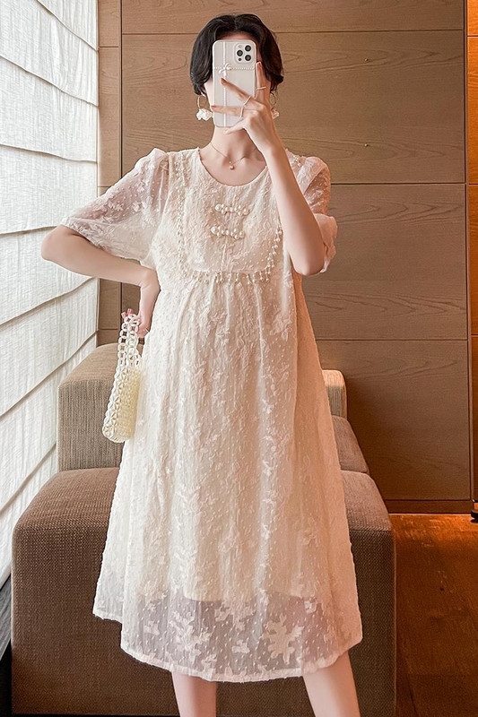 Jaapani stiilis rasedate pitskleit lühikeste varrukatega, pärlitega krae, armas raseda A-kujuline kleit, avar moodne raseduskleit