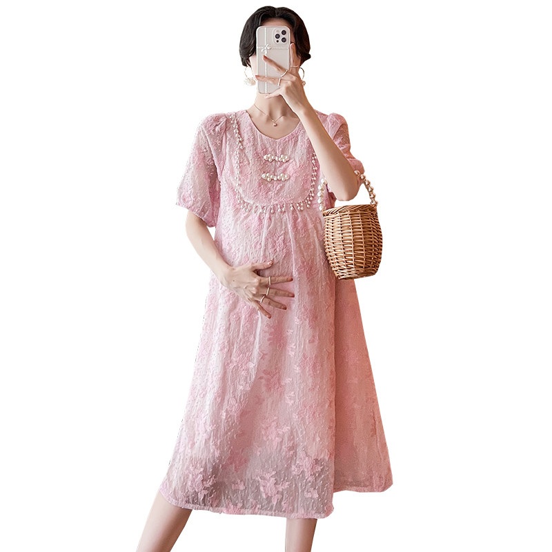 Jaapani stiilis rasedate pitskleit lühikeste varrukatega, pärlitega krae, armas raseda A-kujuline kleit, avar moodne raseduskleit