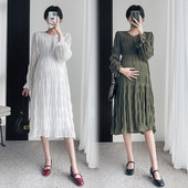 Korea stiilis 2024. aasta kevadine lahtine elegantne raseda kleit, pikkade varrukatega volangidega raseda merineitsi kleit, magusad plisseeritud kleidid