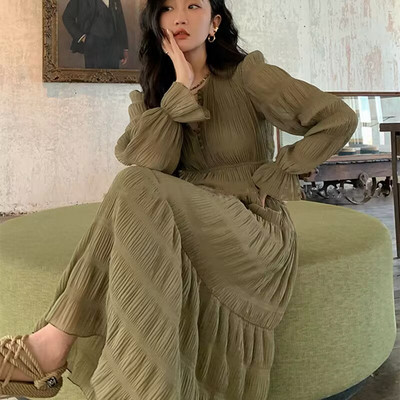 Korea stiilis 2024. aasta kevadine lahtine elegantne raseda kleit, pikkade varrukatega volangidega raseda merineitsi kleit, magusad plisseeritud kleidid