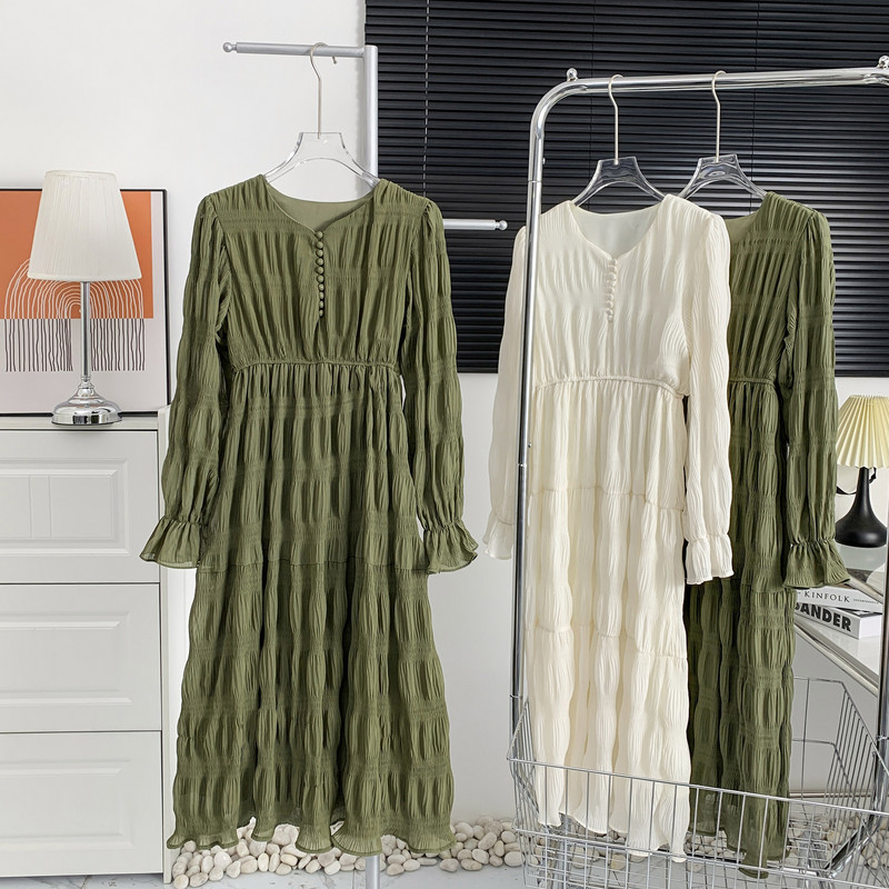 Korea stiilis 2024. aasta kevadine lahtine elegantne raseda kleit, pikkade varrukatega volangidega raseda merineitsi kleit, magusad plisseeritud kleidid