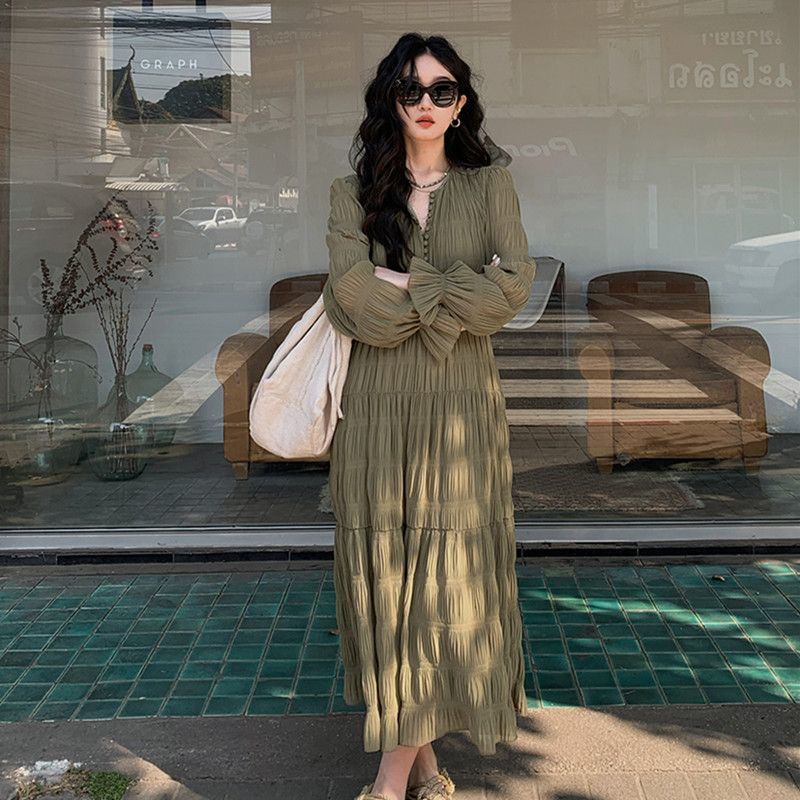 Korea stiilis 2024. aasta kevadine lahtine elegantne raseda kleit, pikkade varrukatega volangidega raseda merineitsi kleit, magusad plisseeritud kleidid