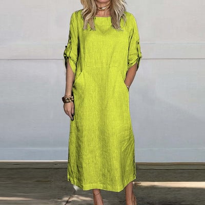 Jaunas 2024. gada vienkāršas kabatas kleitas braukšanai uz darbu. Vasaras daudzkrāsu kleita ar īsām piedurknēm, ikdienas sieviešu kleita no kokvilnas lina ar O veida kakla izgriezumu