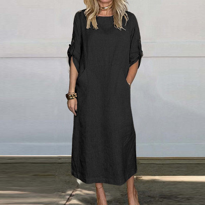 Jaunas 2024. gada vienkāršas kabatas kleitas braukšanai uz darbu. Vasaras daudzkrāsu kleita ar īsām piedurknēm, ikdienas sieviešu kleita no kokvilnas lina ar O veida kakla izgriezumu