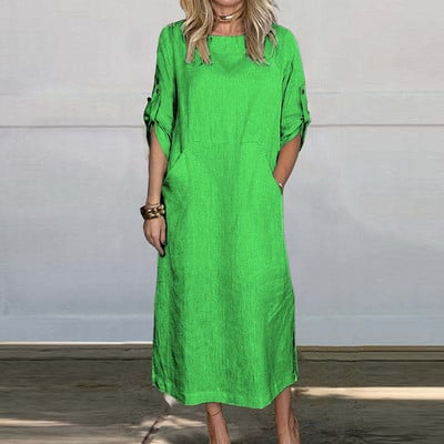 Jaunas 2024. gada vienkāršas kabatas kleitas braukšanai uz darbu. Vasaras daudzkrāsu kleita ar īsām piedurknēm, ikdienas sieviešu kleita no kokvilnas lina ar O veida kakla izgriezumu