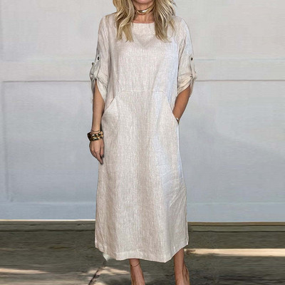 Jaunas 2024. gada vienkāršas kabatas kleitas braukšanai uz darbu. Vasaras daudzkrāsu kleita ar īsām piedurknēm, ikdienas sieviešu kleita no kokvilnas lina ar O veida kakla izgriezumu