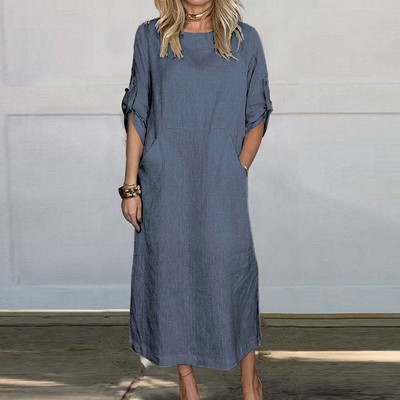 Jaunas 2024. gada vienkāršas kabatas kleitas braukšanai uz darbu. Vasaras daudzkrāsu kleita ar īsām piedurknēm, ikdienas sieviešu kleita no kokvilnas lina ar O veida kakla izgriezumu