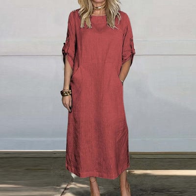 Jaunas 2024. gada vienkāršas kabatas kleitas braukšanai uz darbu. Vasaras daudzkrāsu kleita ar īsām piedurknēm, ikdienas sieviešu kleita no kokvilnas lina ar O veida kakla izgriezumu