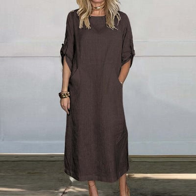 Jaunas 2024. gada vienkāršas kabatas kleitas braukšanai uz darbu. Vasaras daudzkrāsu kleita ar īsām piedurknēm, ikdienas sieviešu kleita no kokvilnas lina ar O veida kakla izgriezumu