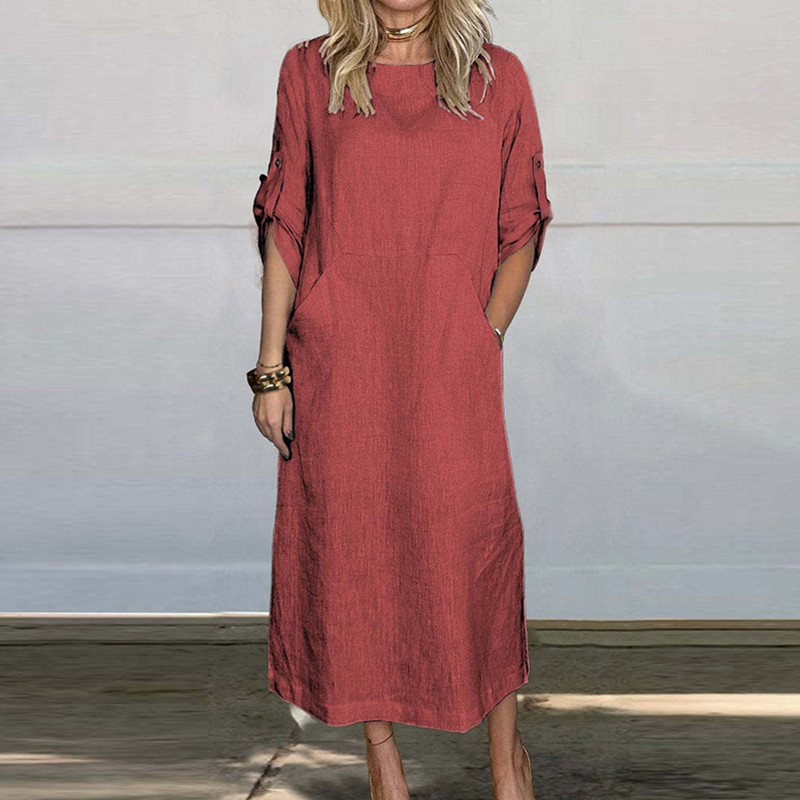 Jaunas 2024. gada vienkāršas kabatas kleitas braukšanai uz darbu. Vasaras daudzkrāsu kleita ar īsām piedurknēm, ikdienas sieviešu kleita no kokvilnas lina ar O veida kakla izgriezumu