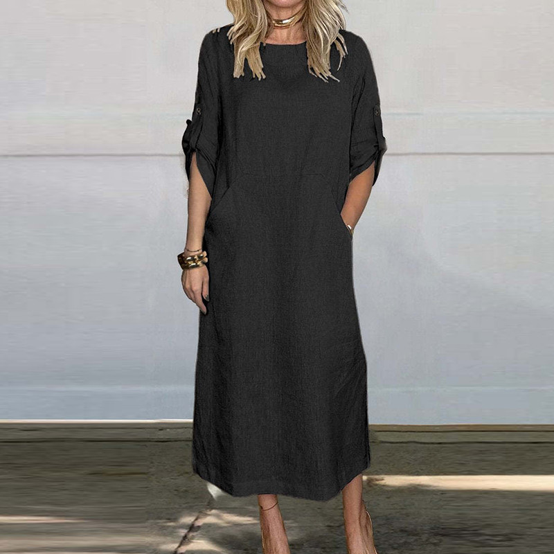 Jaunas 2024. gada vienkāršas kabatas kleitas braukšanai uz darbu. Vasaras daudzkrāsu kleita ar īsām piedurknēm, ikdienas sieviešu kleita no kokvilnas lina ar O veida kakla izgriezumu