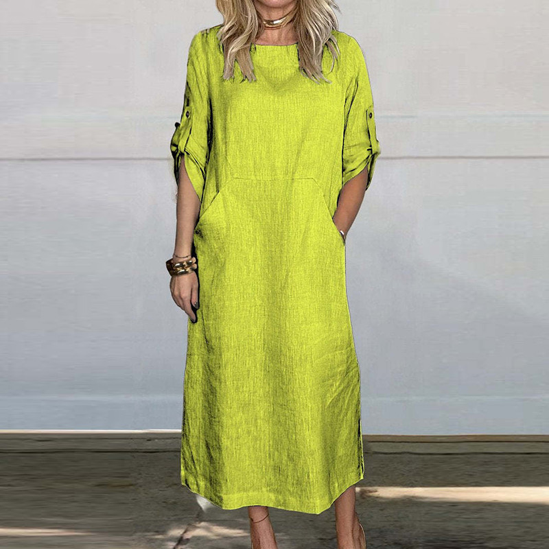 Jaunas 2024. gada vienkāršas kabatas kleitas braukšanai uz darbu. Vasaras daudzkrāsu kleita ar īsām piedurknēm, ikdienas sieviešu kleita no kokvilnas lina ar O veida kakla izgriezumu