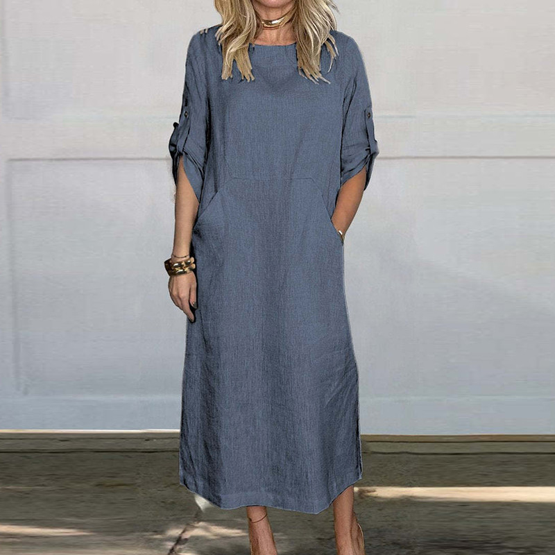 Jaunas 2024. gada vienkāršas kabatas kleitas braukšanai uz darbu. Vasaras daudzkrāsu kleita ar īsām piedurknēm, ikdienas sieviešu kleita no kokvilnas lina ar O veida kakla izgriezumu