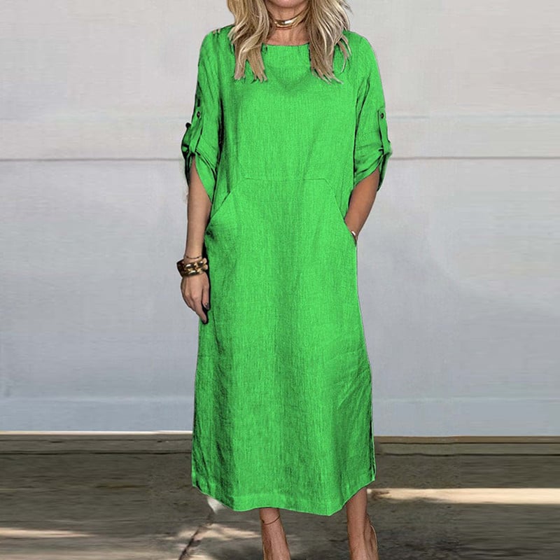 Jaunas 2024. gada vienkāršas kabatas kleitas braukšanai uz darbu. Vasaras daudzkrāsu kleita ar īsām piedurknēm, ikdienas sieviešu kleita no kokvilnas lina ar O veida kakla izgriezumu