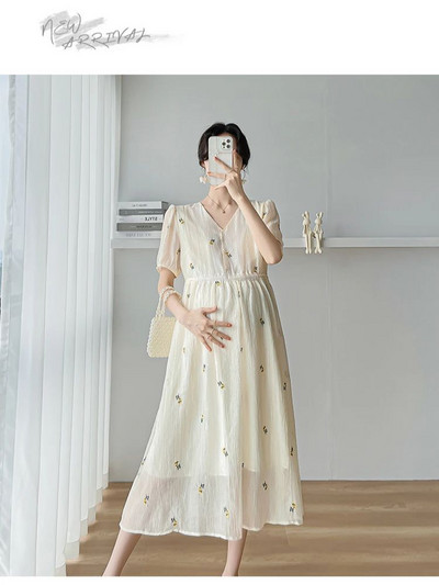 Grūtniecēm vasaras modes salda kleita ar izšūtu V veida izgriezumu ar pūšām piedurknēm ar V veida kakla izgriezumu ziedu kroku kleita Grūtnieču svētku kleitas