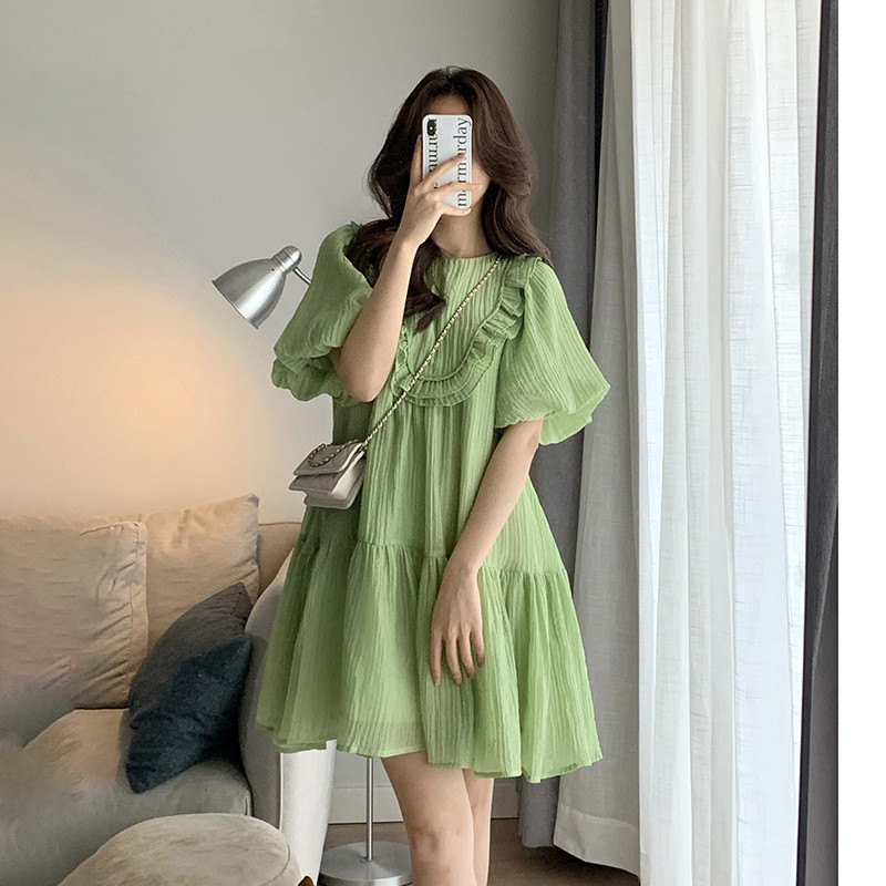 Rohelised rasedate suveriided, moesuuruses rasedatele mõeldud minikleit, puhv varrukatega, volangidega O-kaelusega raseduskleidid