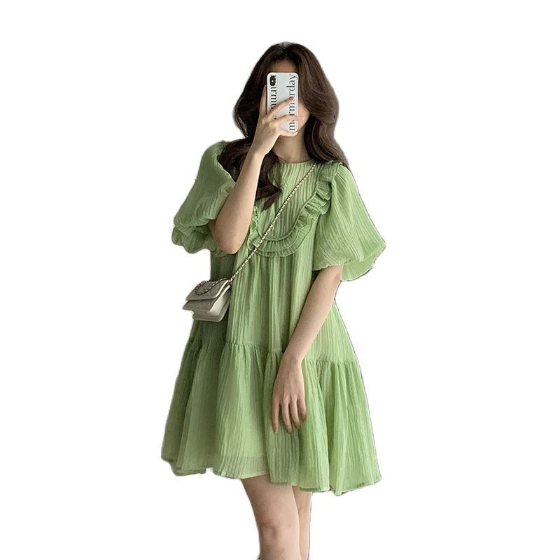 Rohelised rasedate suveriided, moesuuruses rasedatele mõeldud minikleit, puhv varrukatega, volangidega O-kaelusega raseduskleidid