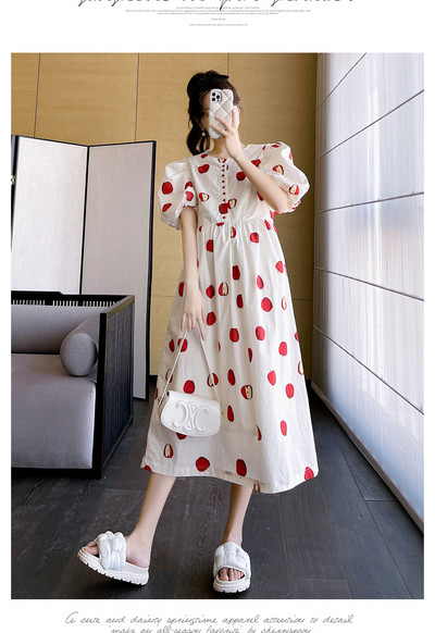 Vasaras grūtnieču kleita ar pūšām piedurknēm ar O veida kakla izgriezumu Modes apdruka Grūtniecēm, punktēta, gara kleita