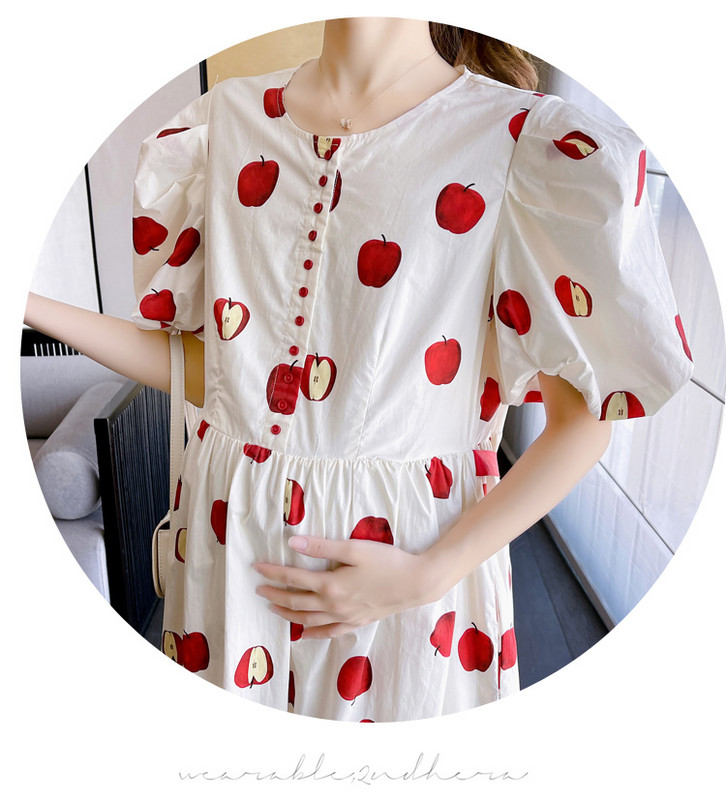 Vasaras grūtnieču kleita ar pūšām piedurknēm ar O veida kakla izgriezumu Modes apdruka Grūtniecēm, punktēta, gara kleita