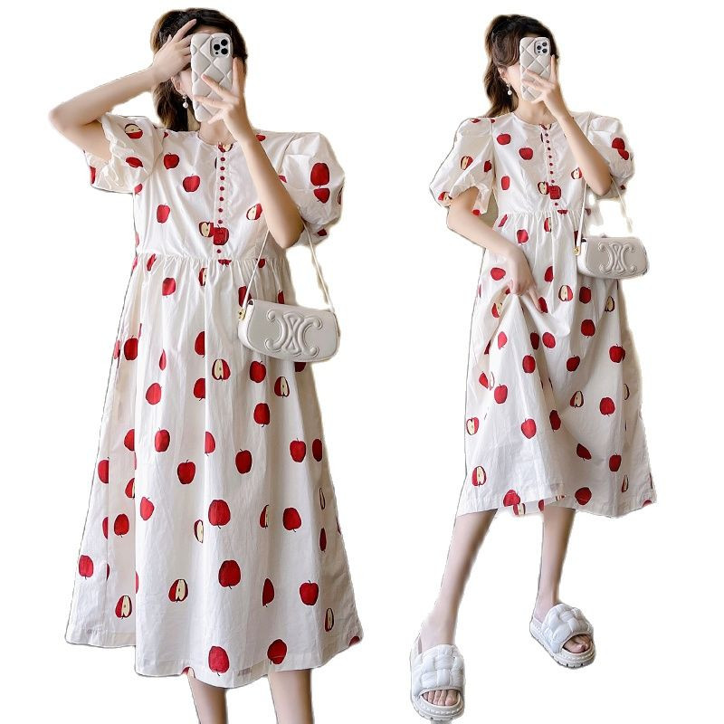 Vasaras grūtnieču kleita ar pūšām piedurknēm ar O veida kakla izgriezumu Modes apdruka Grūtniecēm, punktēta, gara kleita