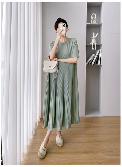 Kõrge vöökohaga rasedate naiste suvekleit lühikeste varrukatega O-kaelusega moodne rasedate plisseeritud kleit, pikad vabad plisseeritud kleidid raseduse ajal