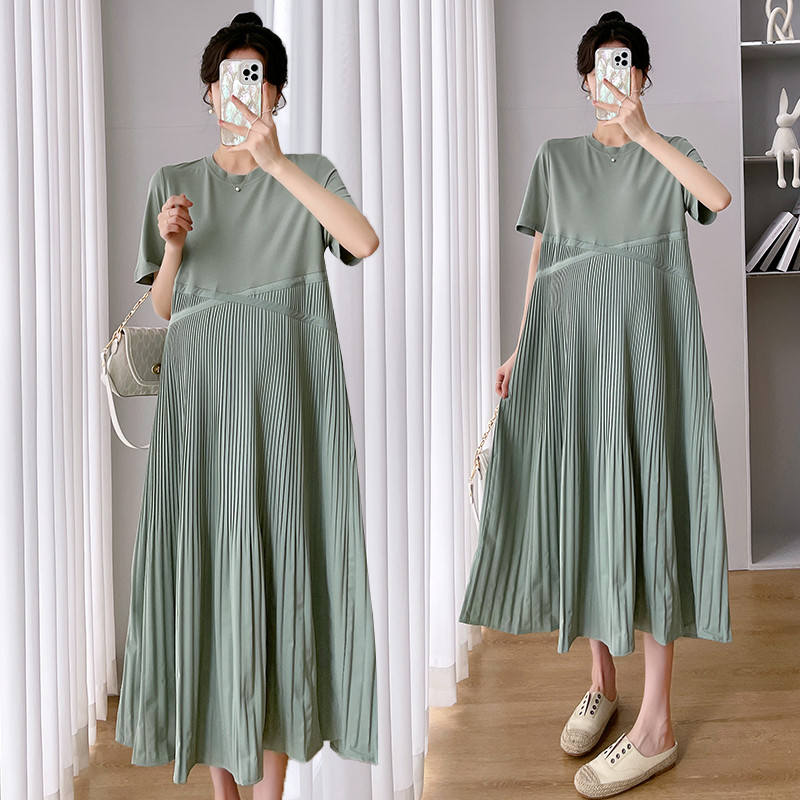 Kõrge vöökohaga rasedate naiste suvekleit lühikeste varrukatega O-kaelusega moodne rasedate plisseeritud kleit, pikad vabad plisseeritud kleidid raseduse ajal