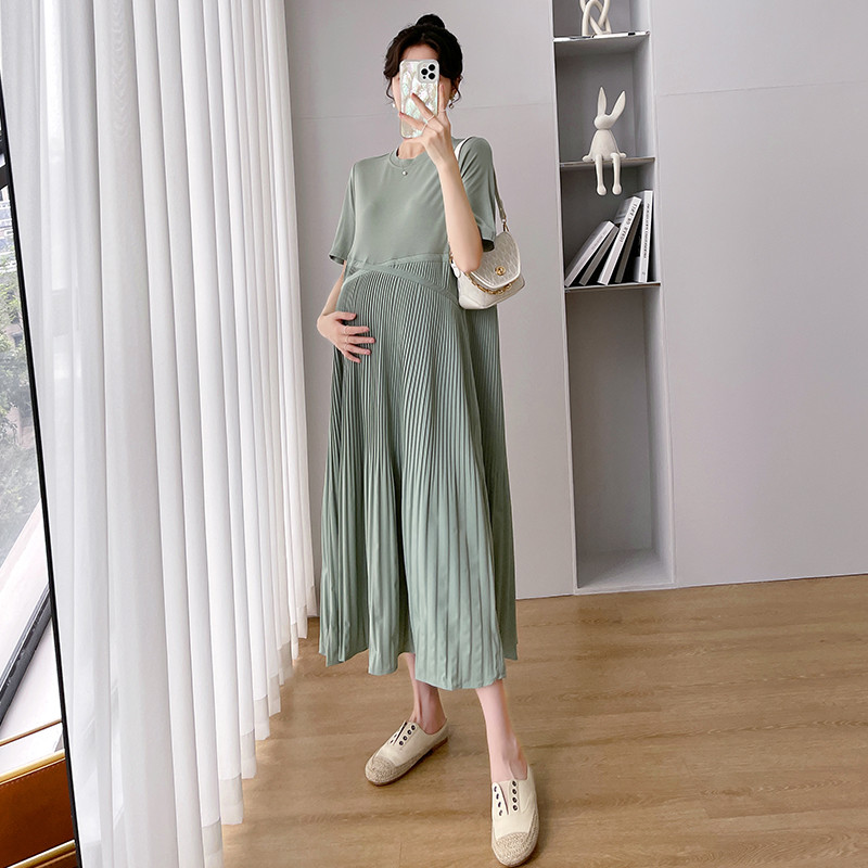 Kõrge vöökohaga rasedate naiste suvekleit lühikeste varrukatega O-kaelusega moodne rasedate plisseeritud kleit, pikad vabad plisseeritud kleidid raseduse ajal