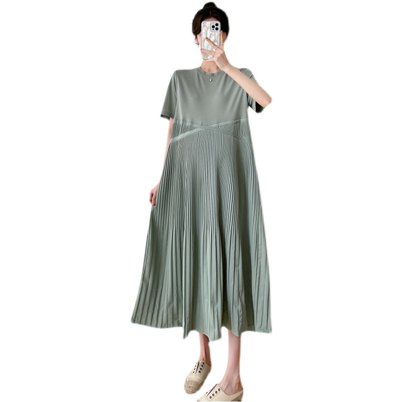 Kõrge vöökohaga rasedate naiste suvekleit lühikeste varrukatega O-kaelusega moodne rasedate plisseeritud kleit, pikad vabad plisseeritud kleidid raseduse ajal