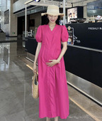 Pogas muša grūtnieču vasaras kleita lielizmēra ar īsām piedurknēm V veida kakla kroku ar augstu vidukli grūtniecei A-līnijas kleita elegants apģērbs