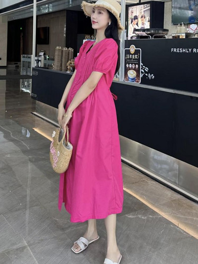 Pogas muša grūtnieču vasaras kleita lielizmēra ar īsām piedurknēm V veida kakla kroku ar augstu vidukli grūtniecei A-līnijas kleita elegants apģērbs