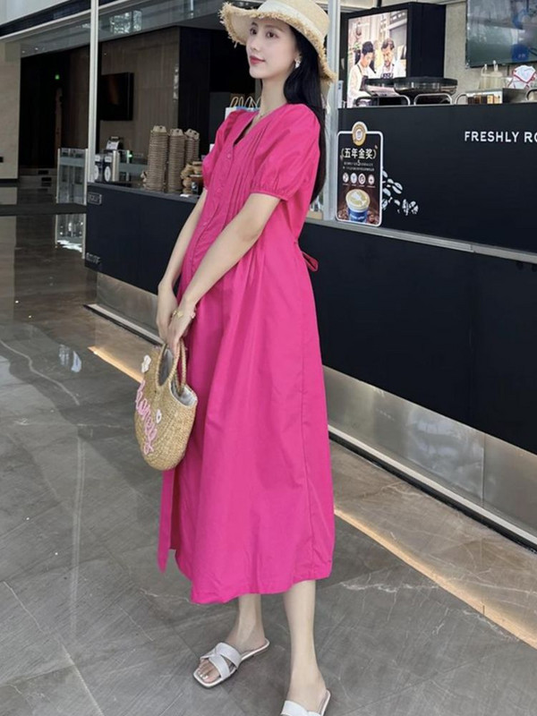 Pogas muša grūtnieču vasaras kleita lielizmēra ar īsām piedurknēm V veida kakla kroku ar augstu vidukli grūtniecei A-līnijas kleita elegants apģērbs