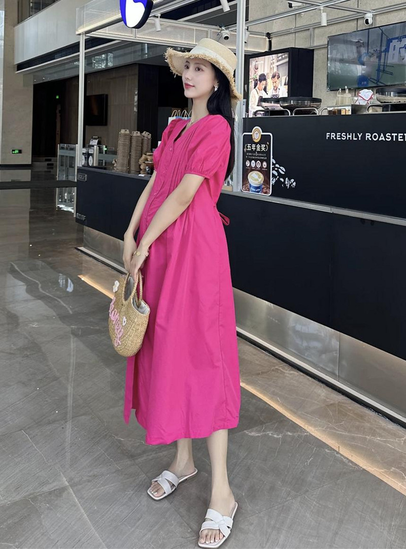 Pogas muša grūtnieču vasaras kleita lielizmēra ar īsām piedurknēm V veida kakla kroku ar augstu vidukli grūtniecei A-līnijas kleita elegants apģērbs